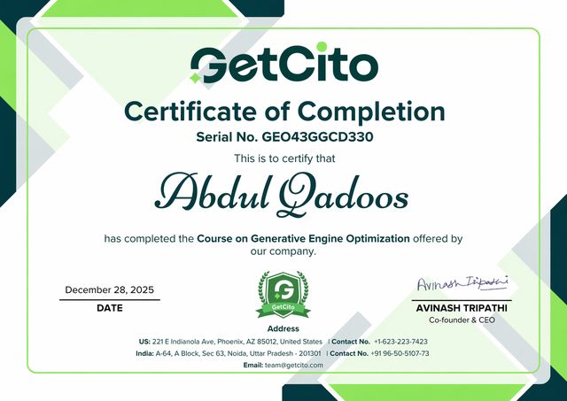 Course on Generative Engine Optimization certificate issued to Abdul Qadoos by GetCito, Dec 2025