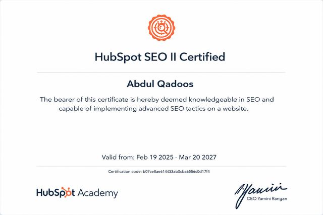 HubSpot SEO II Certified certificate issued to Abdul Qadoos by HubSpot Academy, Feb 2025